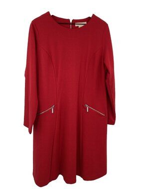 Michael Kors Red Blaze Long Sleeve A-Line Zip Ponte Dress Women 14W Modern Minim